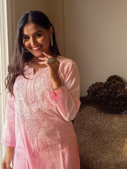 Baby Pink Neck Work Chikankari Straight Long Kurti - Famous Chikankari