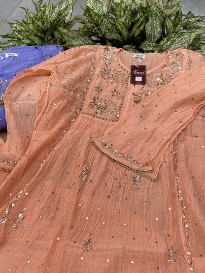 Roohani Pitta Work Handcrafted Gown Sets with Tussels - Semi Stitched