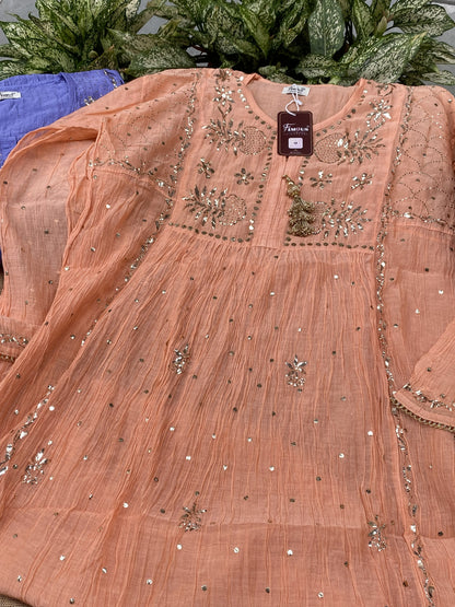 Roohani Pitta Work Handcrafted Gown Sets with Tussels - Semi Stitched