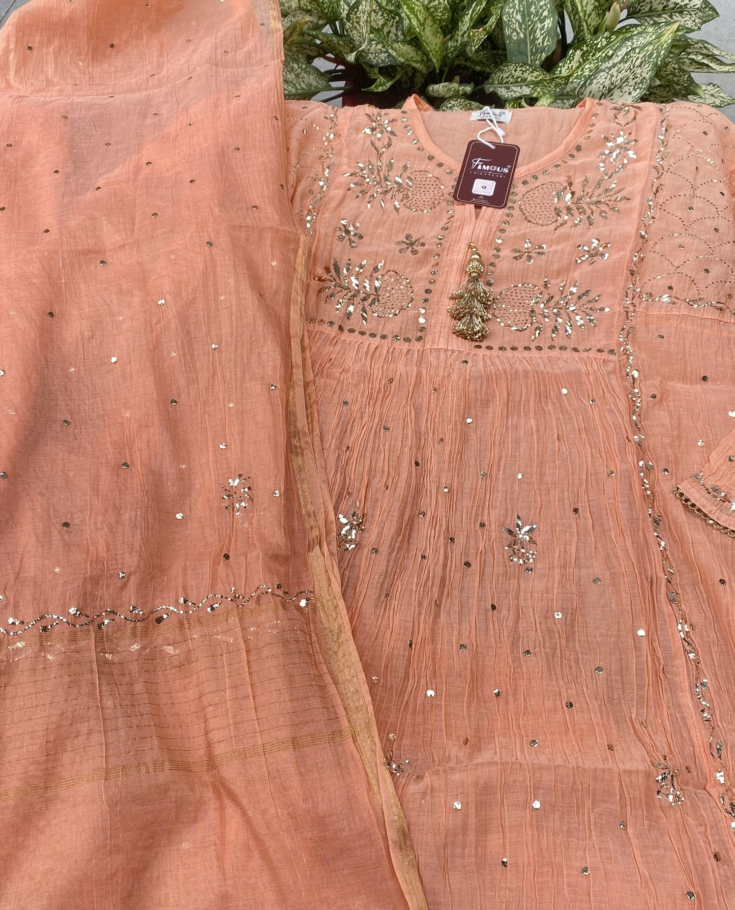 Roohani Pitta Work Handcrafted Gown Sets with Tussels - Semi Stitched
