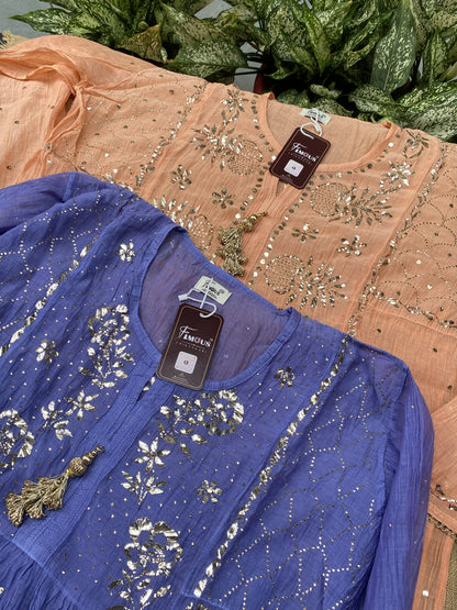 Roohani Pitta Work Handcrafted Gown Sets with Tussels - Semi Stitched