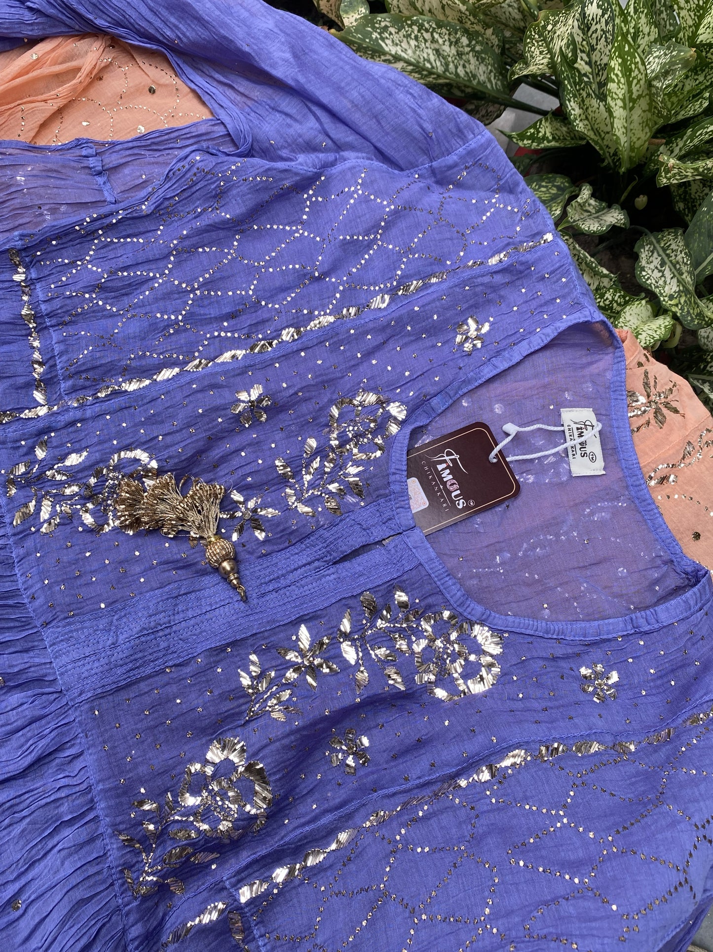 Roohani Pitta Work Handcrafted Gown Sets with Tussels - Semi Stitched