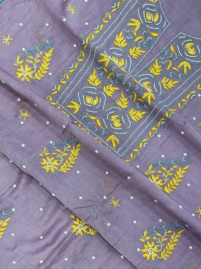 Noor-e-Mulmul | Dusty Mauve Mul Chanderi Chikankari Unstitched Suit