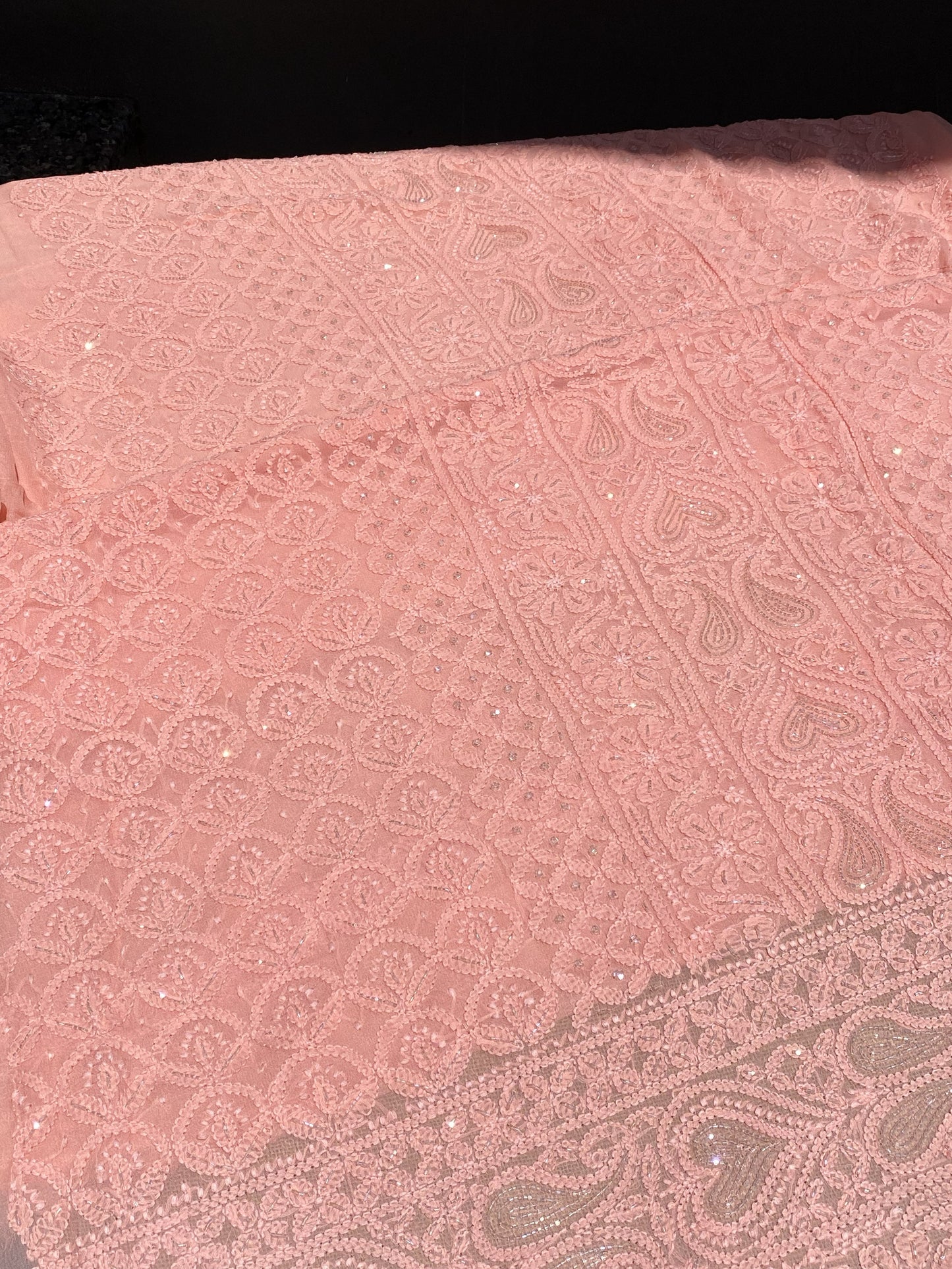 Rangrez Noor| Peach Chikankari Unstitched Suit with Pearl Addons
