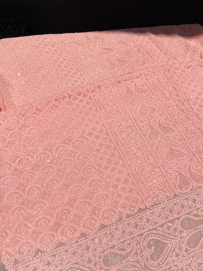 Rangrez Noor| Peach Chikankari Unstitched Suit with Pearl Addons