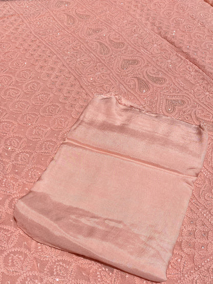 Rangrez Noor| Peach Chikankari Unstitched Suit with Pearl Addons