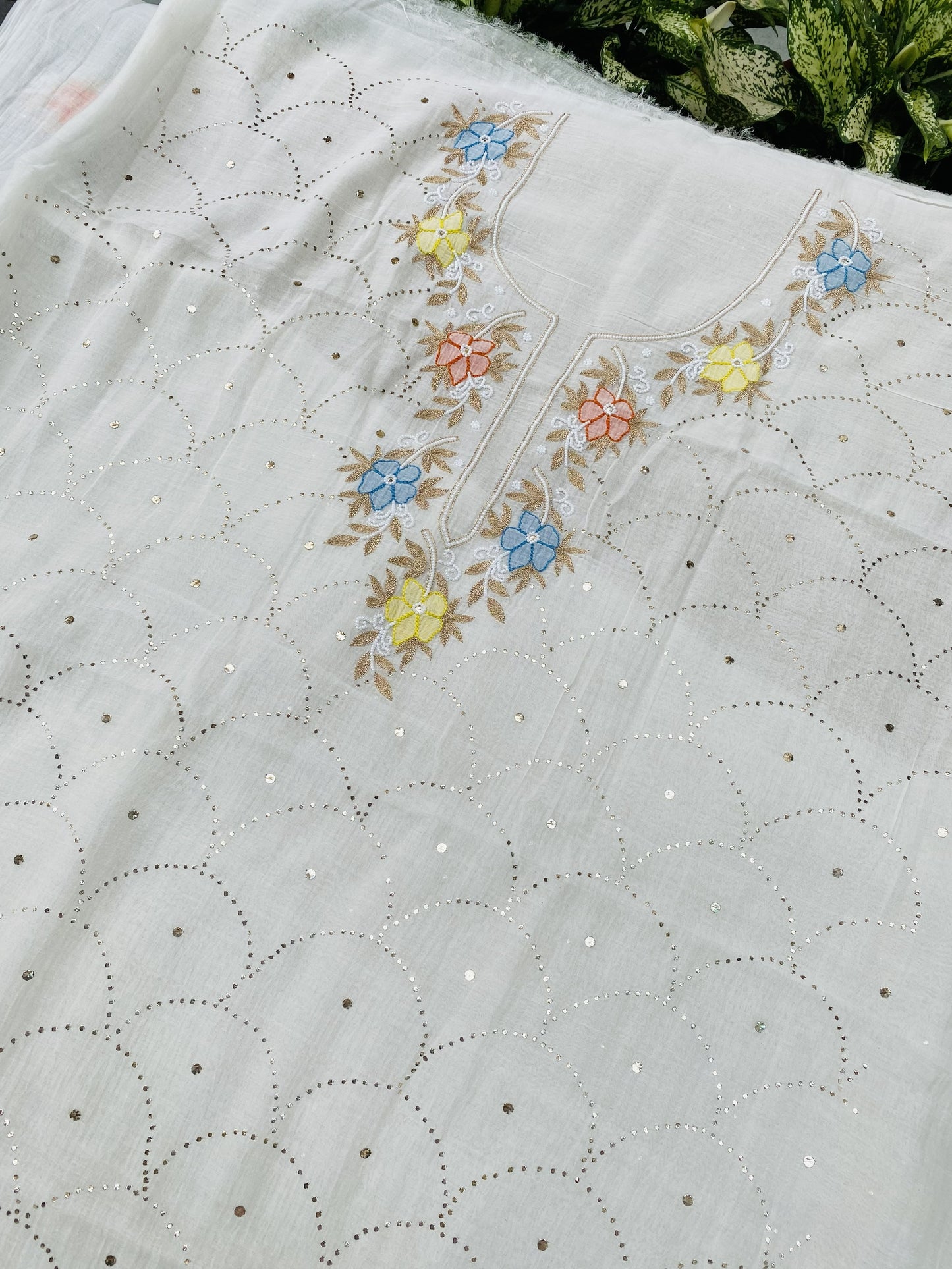 Noor-e-mulmul  Unstitched Mukaish Set with Multi embroidered Neck