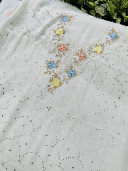 Noor-e-mulmul  Unstitched Mukaish Set with Multi embroidered Neck