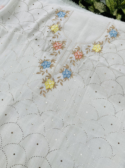 Noor-e-mulmul  Unstitched Mukaish Set with Multi embroidered Neck