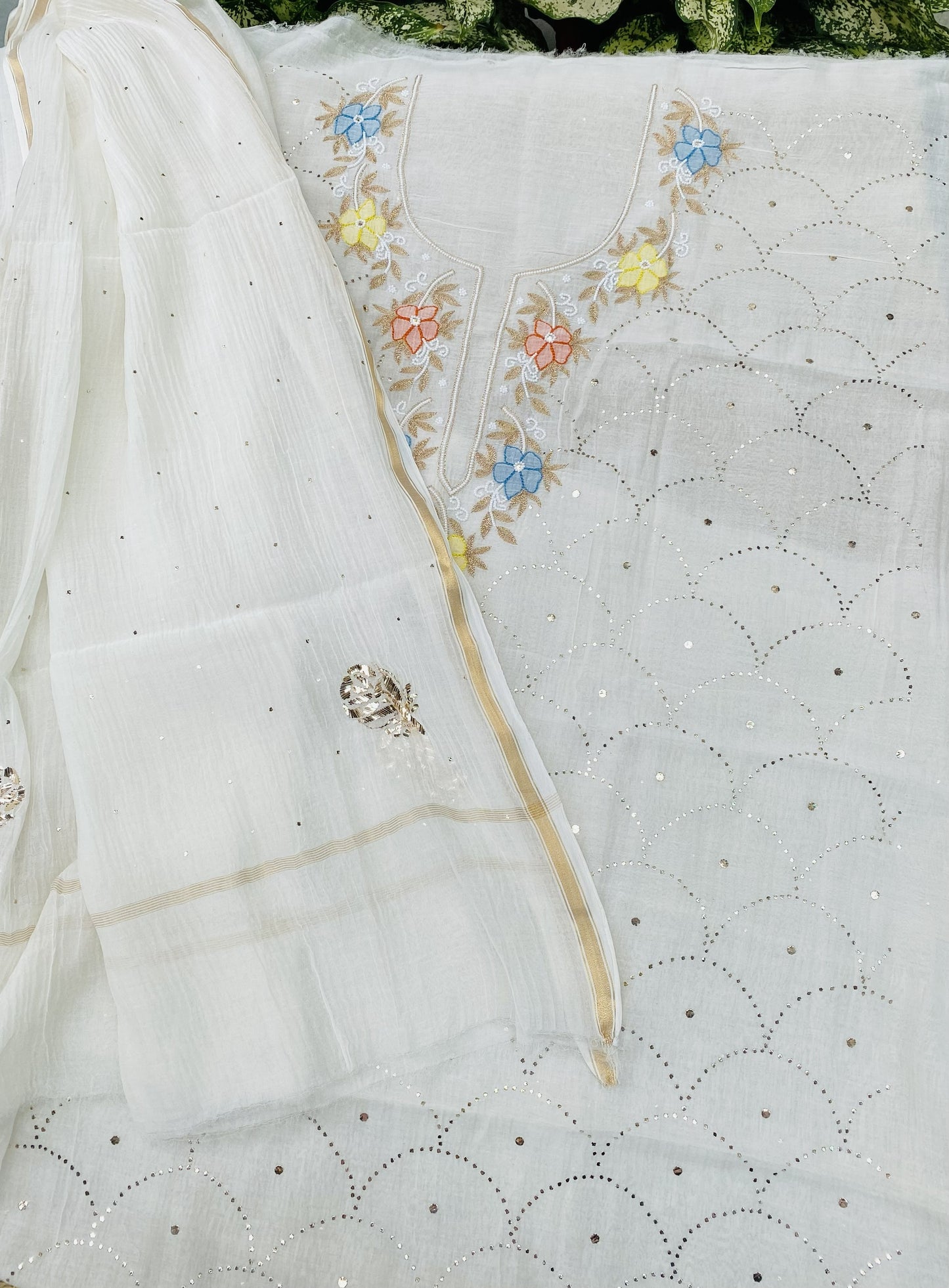 Noor-e-mulmul  Unstitched Mukaish Set with Multi embroidered Neck