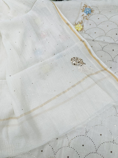 Noor-e-mulmul  Unstitched Mukaish Set with Multi embroidered Neck