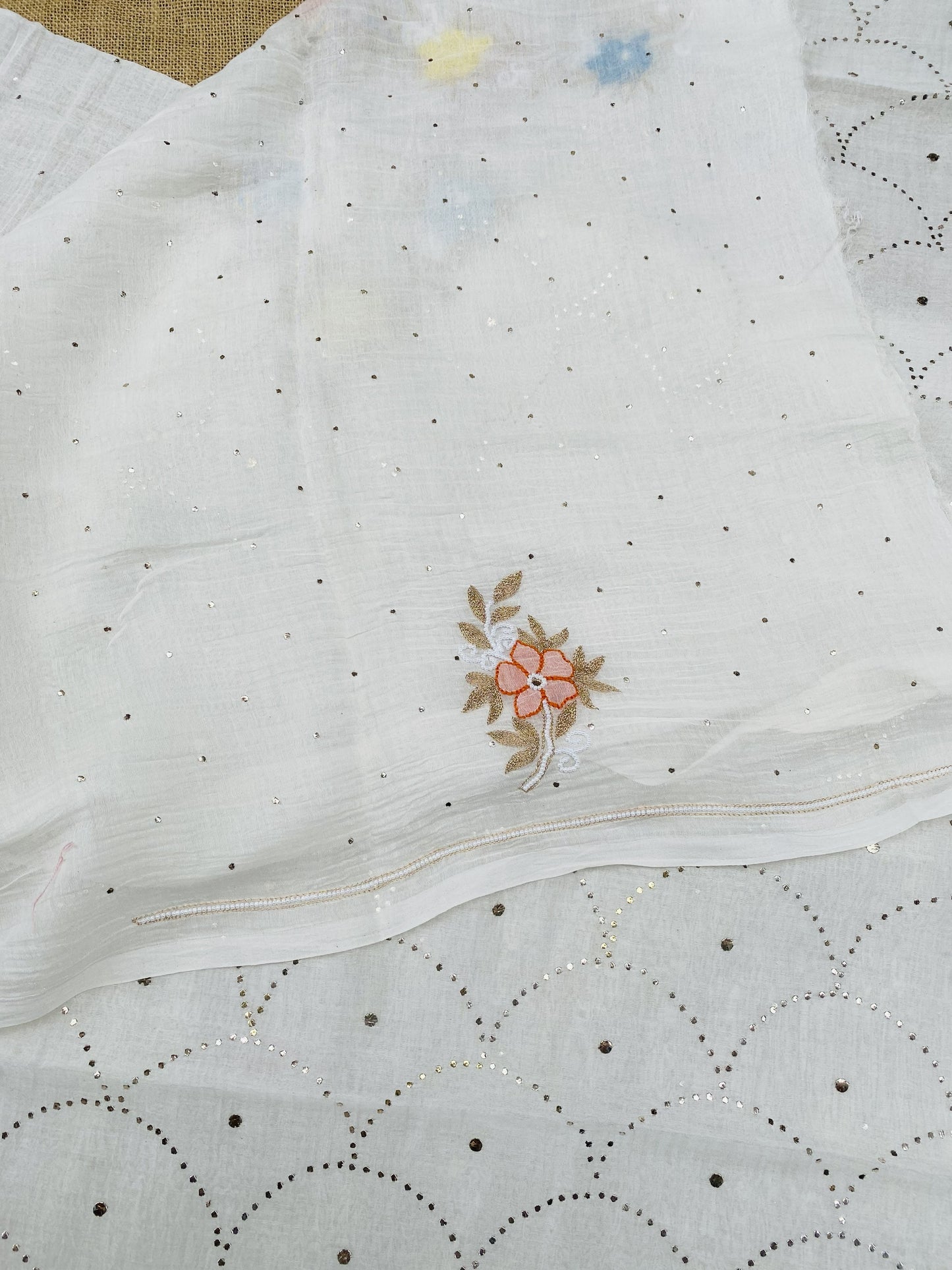 Noor-e-mulmul  Unstitched Mukaish Set with Multi embroidered Neck