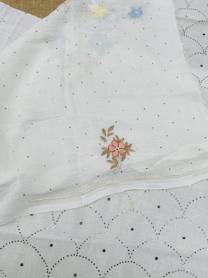 Noor-e-mulmul  Unstitched Mukaish Set with Multi embroidered Neck