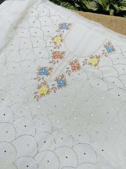 Noor-e-mulmul  Unstitched Mukaish Set with Multi embroidered Neck