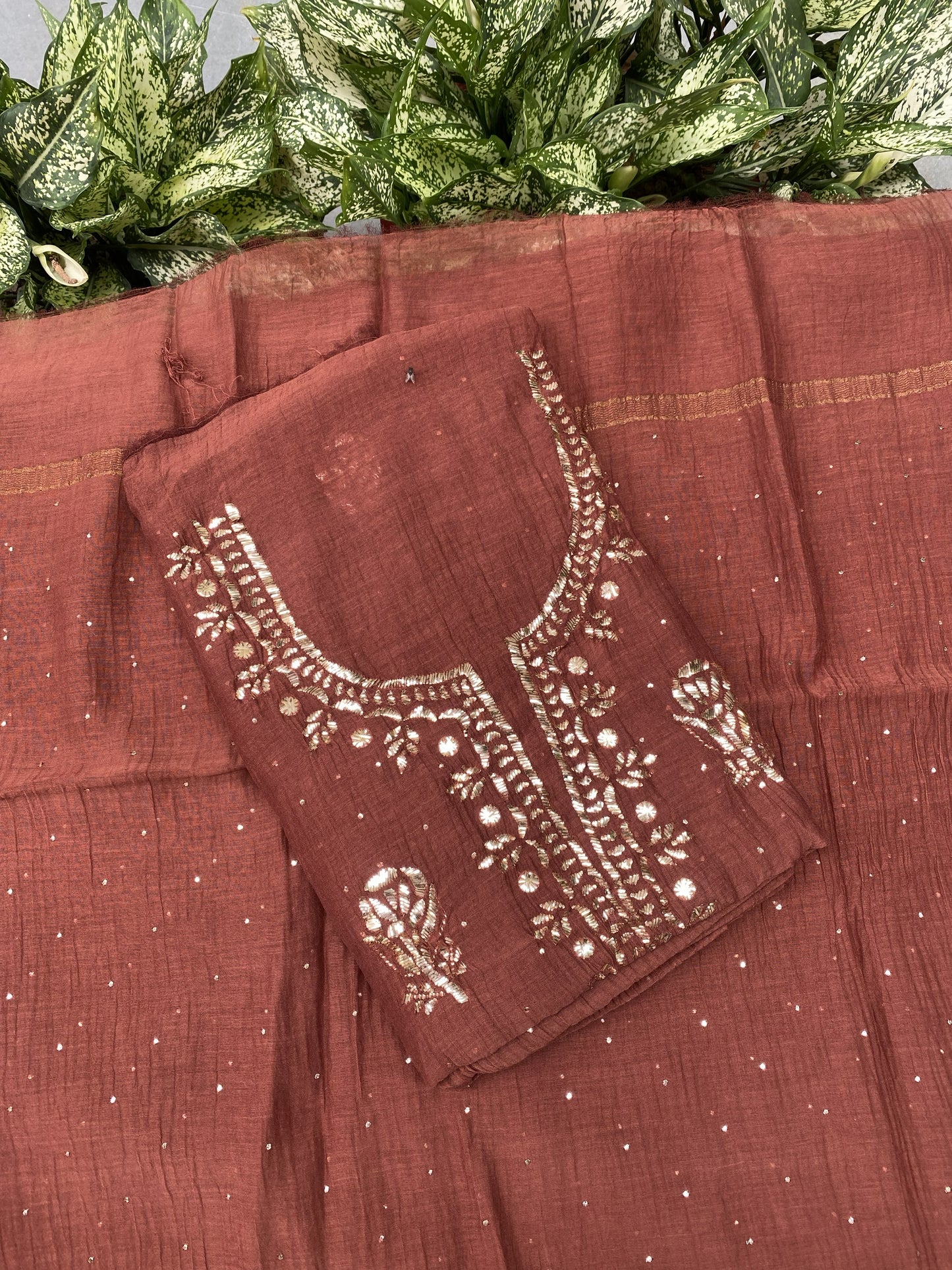 Roohani –  Rust Handcrafted Unstitched Mukaish Kurta Dupatta Set