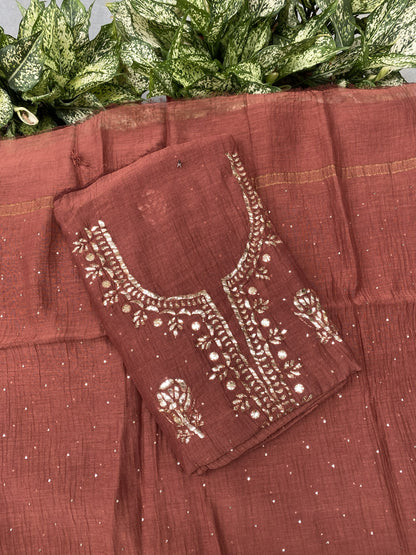 Roohani –  Rust Handcrafted Unstitched Mukaish Kurta Dupatta Set