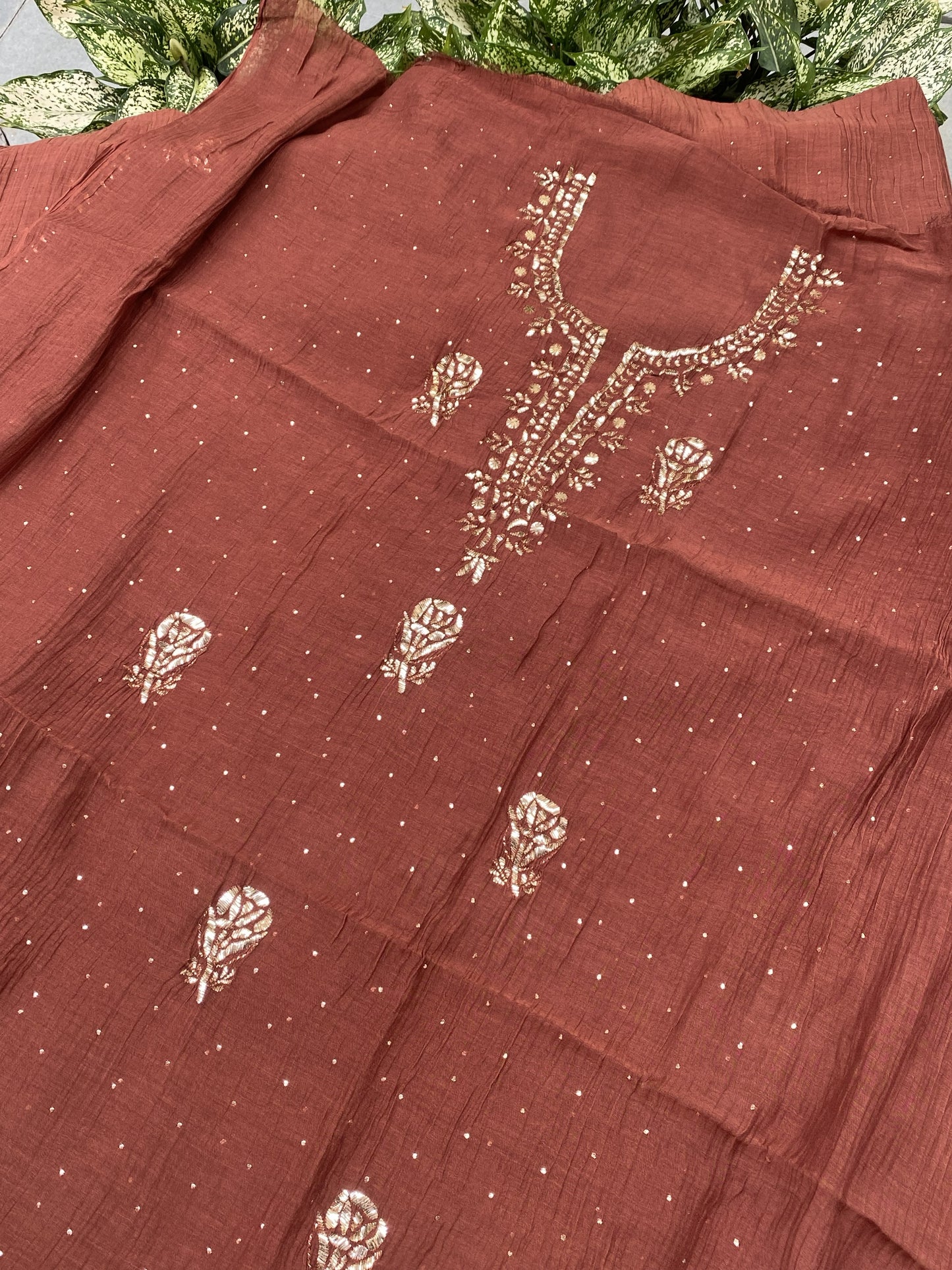 Roohani –  Rust Handcrafted Unstitched Mukaish Kurta Dupatta Set