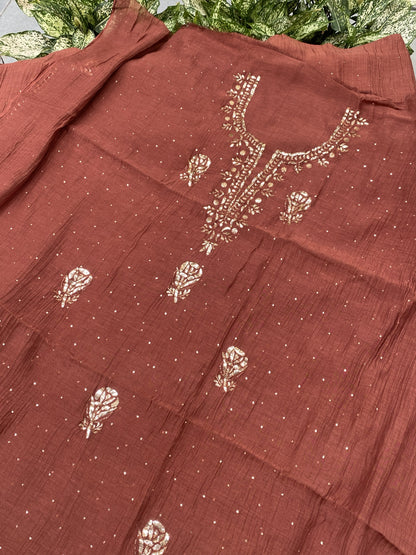 Roohani –  Rust Handcrafted Unstitched Mukaish Kurta Dupatta Set