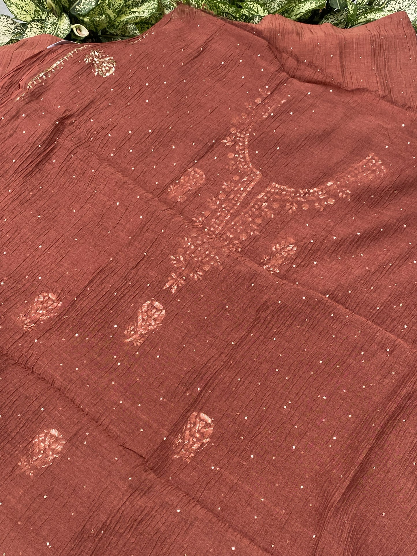 Roohani –  Rust Handcrafted Unstitched Mukaish Kurta Dupatta Set