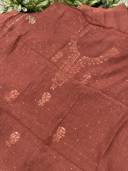 Roohani –  Rust Handcrafted Unstitched Mukaish Kurta Dupatta Set