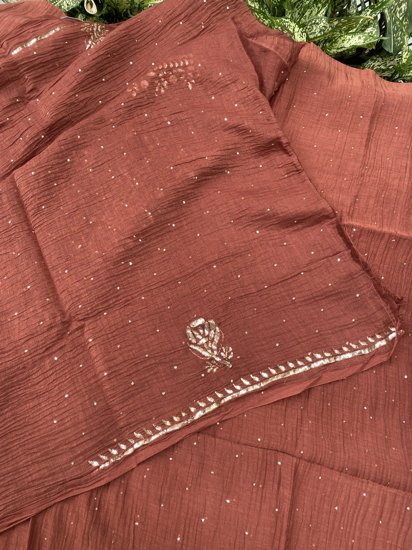 Roohani –  Rust Handcrafted Unstitched Mukaish Kurta Dupatta Set