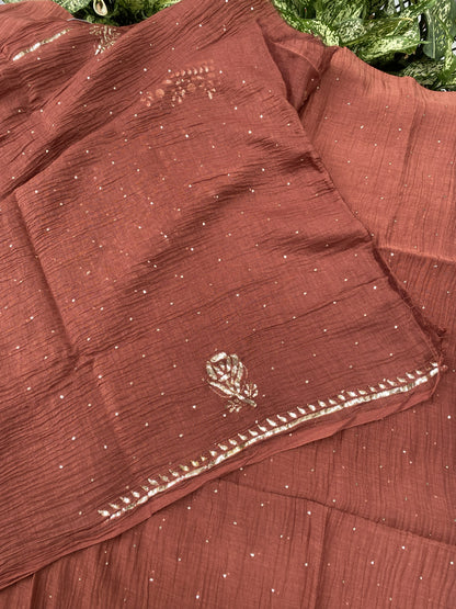 Roohani –  Rust Handcrafted Unstitched Mukaish Kurta Dupatta Set