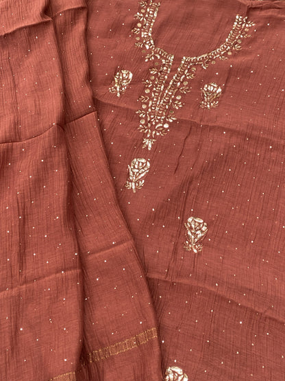 Roohani –  Rust Handcrafted Unstitched Mukaish Kurta Dupatta Set
