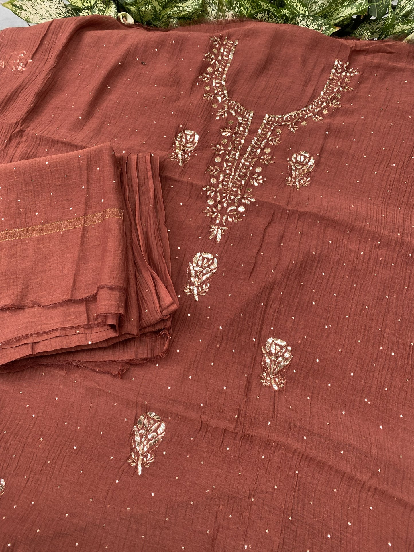 Roohani –  Rust Handcrafted Unstitched Mukaish Kurta Dupatta Set