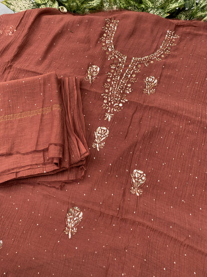 Roohani –  Rust Handcrafted Unstitched Mukaish Kurta Dupatta Set