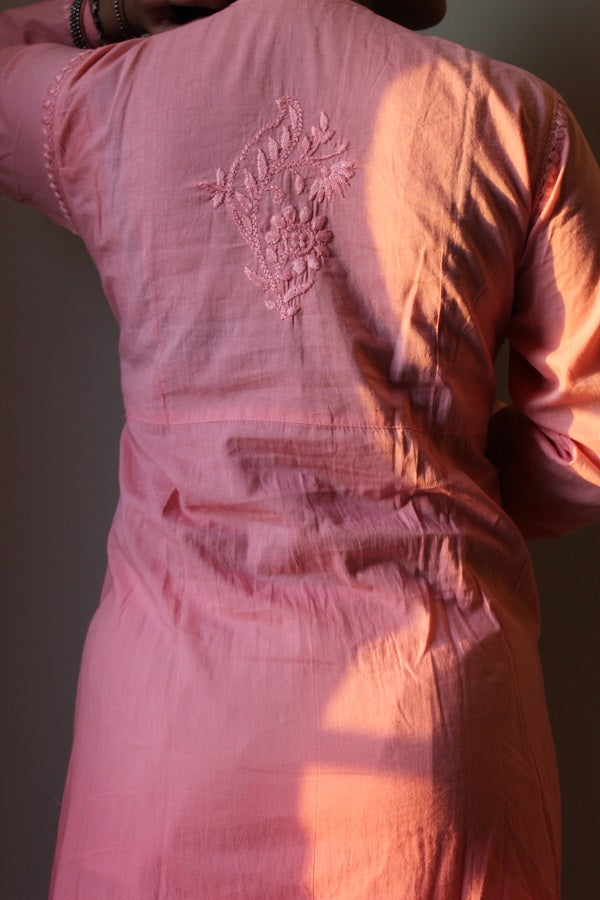 haniya Chikankari mulmul pocket style gown(Dark Peach)