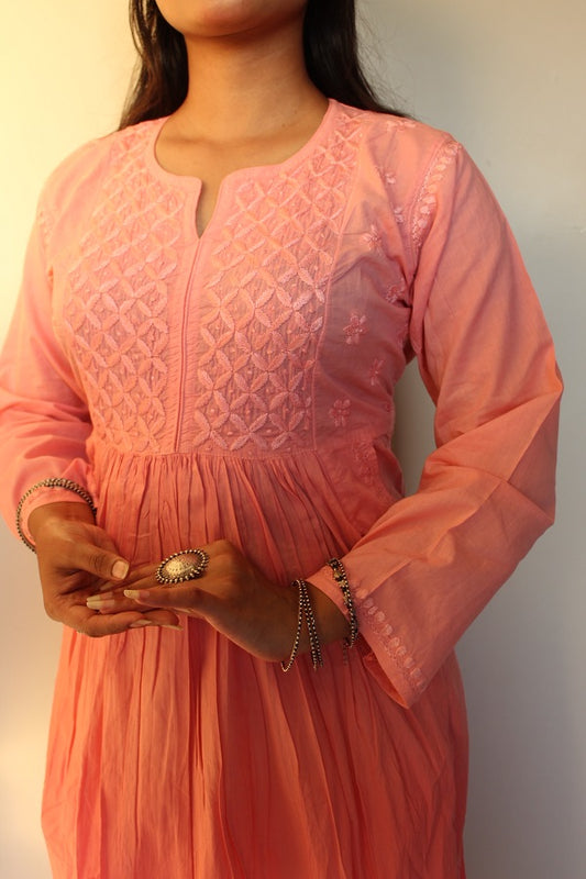 haniya Chikankari mulmul pocket style gown(Dark Peach)
