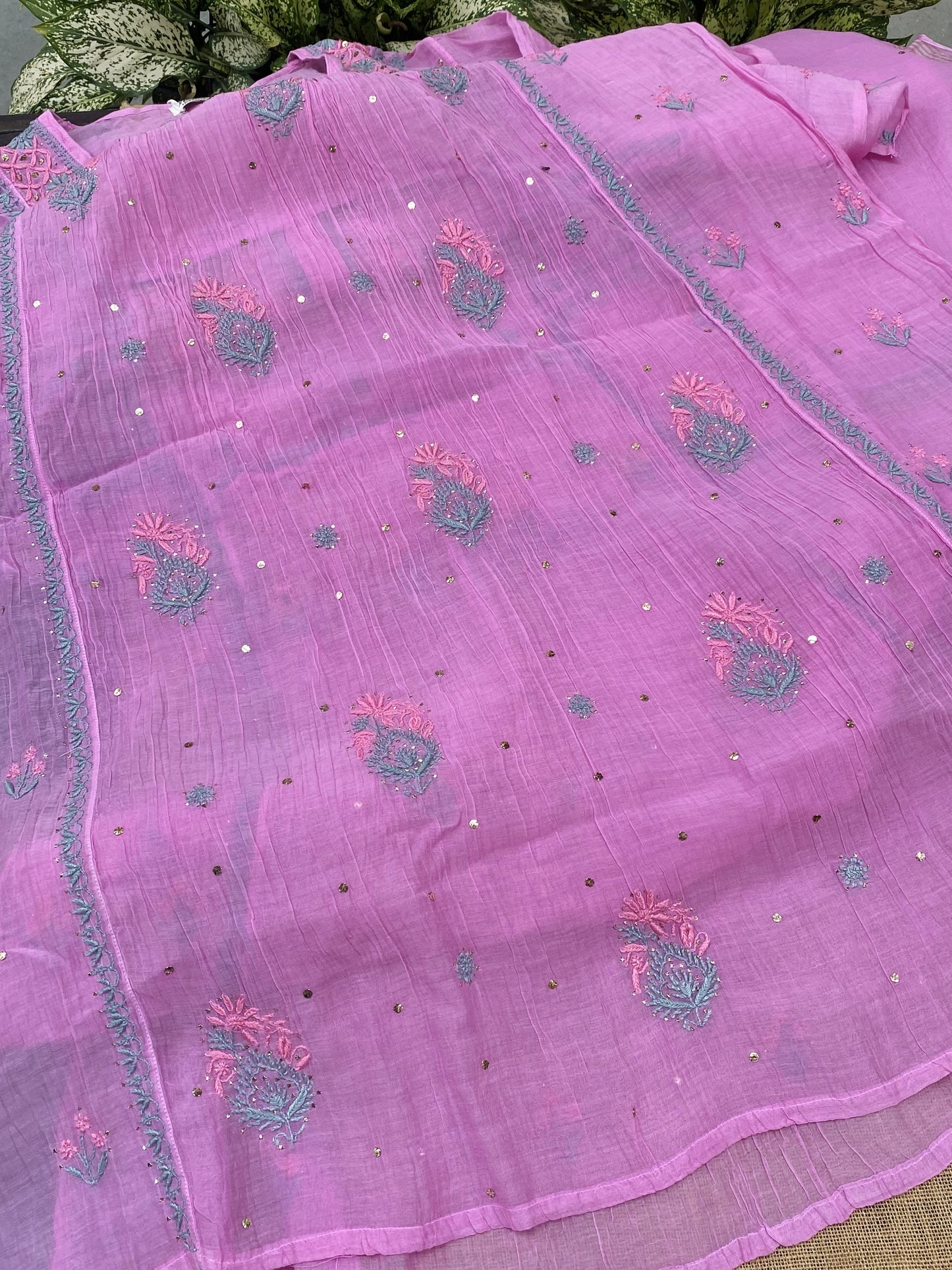 Zaraish Chikankari Semi-Stitched Mul Chanderi Gown With Dupatta - Orchid Pink