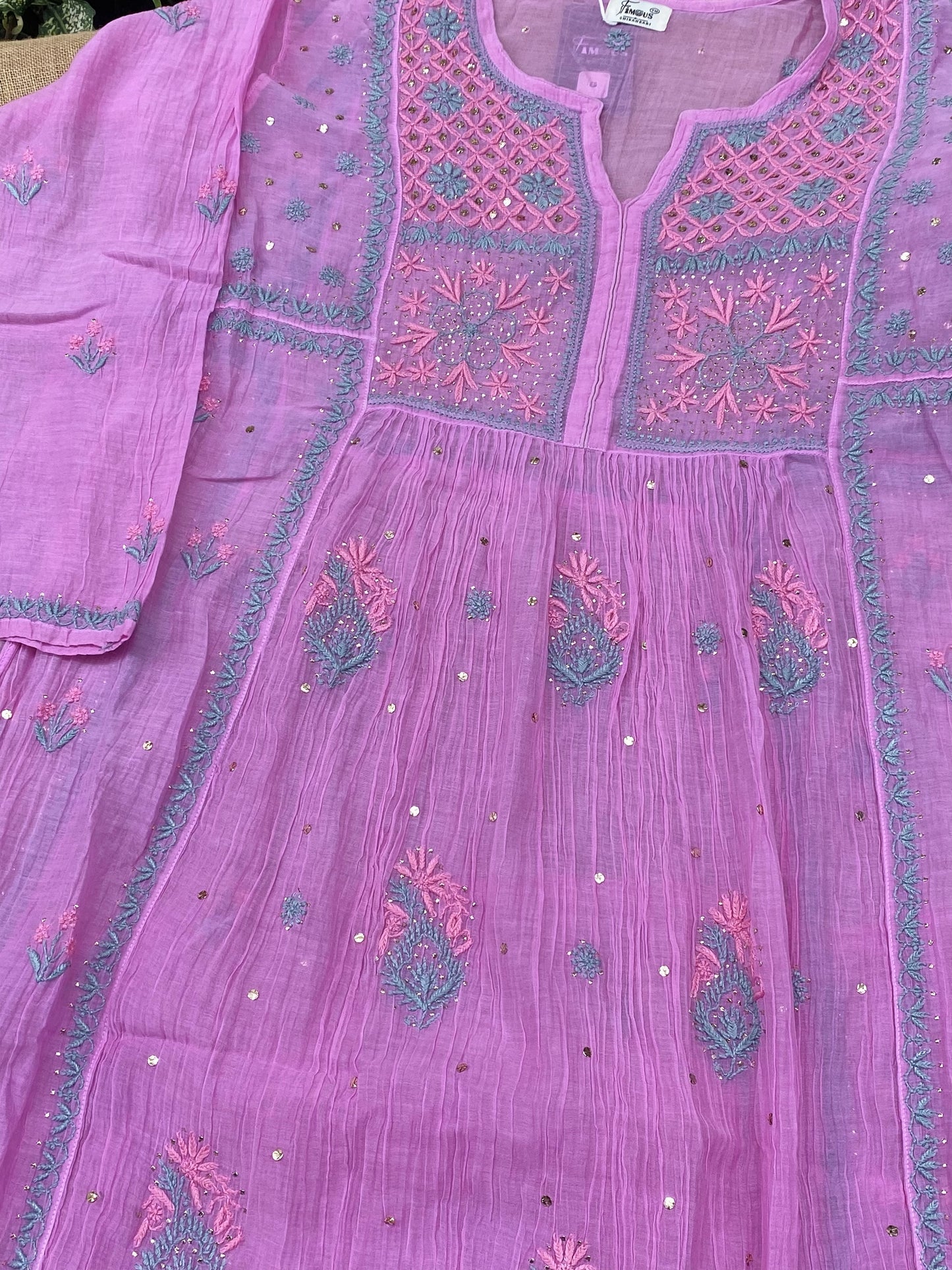 Zaraish Chikankari Semi-Stitched Mul Chanderi Gown With Dupatta - Orchid Pink