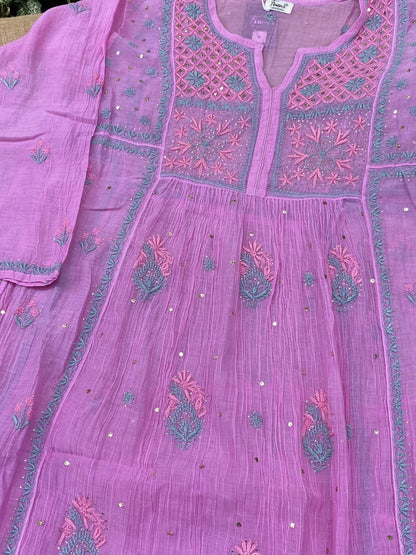 Zaraish Chikankari Semi-Stitched Mul Chanderi Gown With Dupatta - Orchid Pink