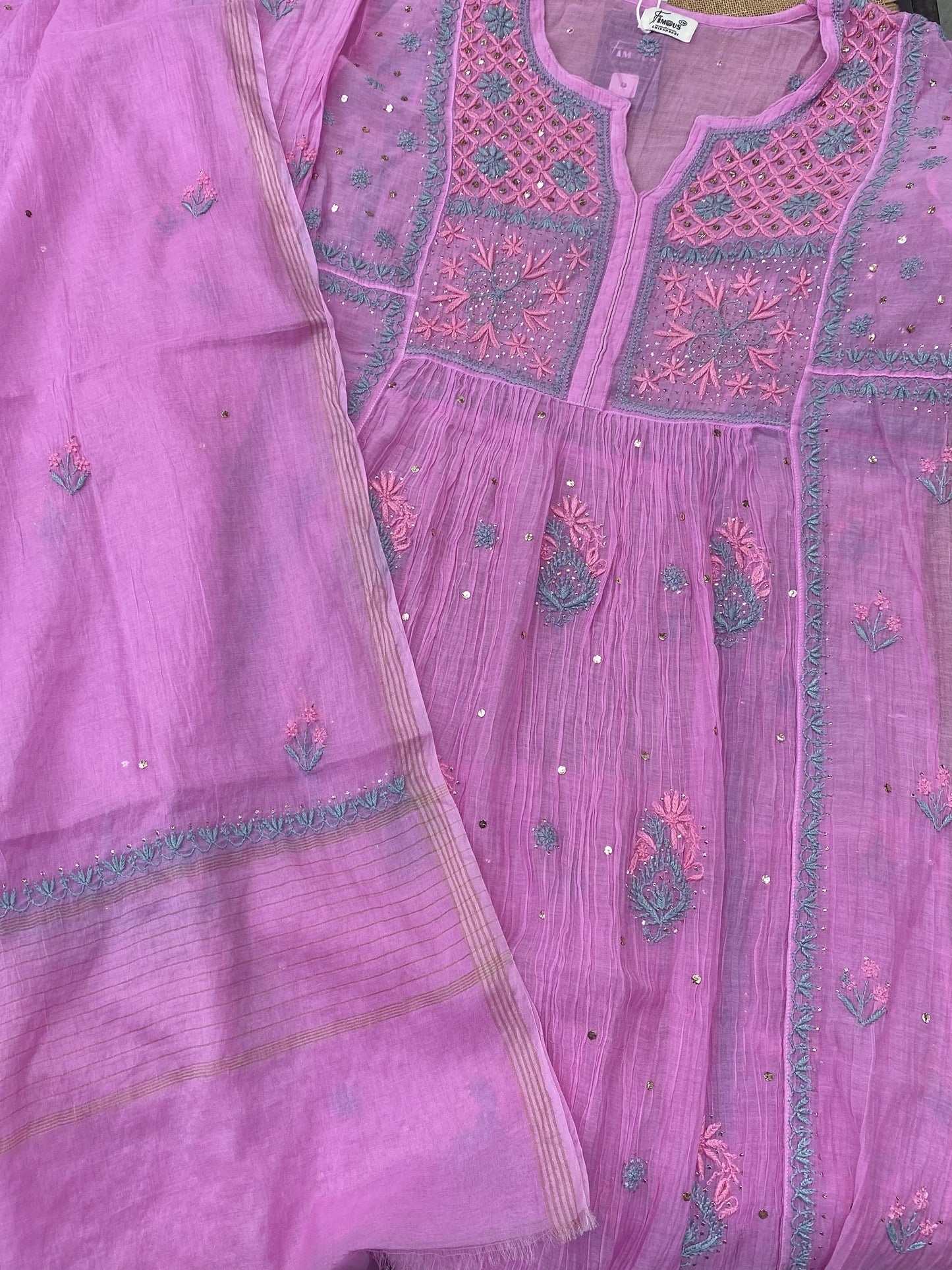 Zaraish Chikankari Semi-Stitched Mul Chanderi Gown With Dupatta - Orchid Pink