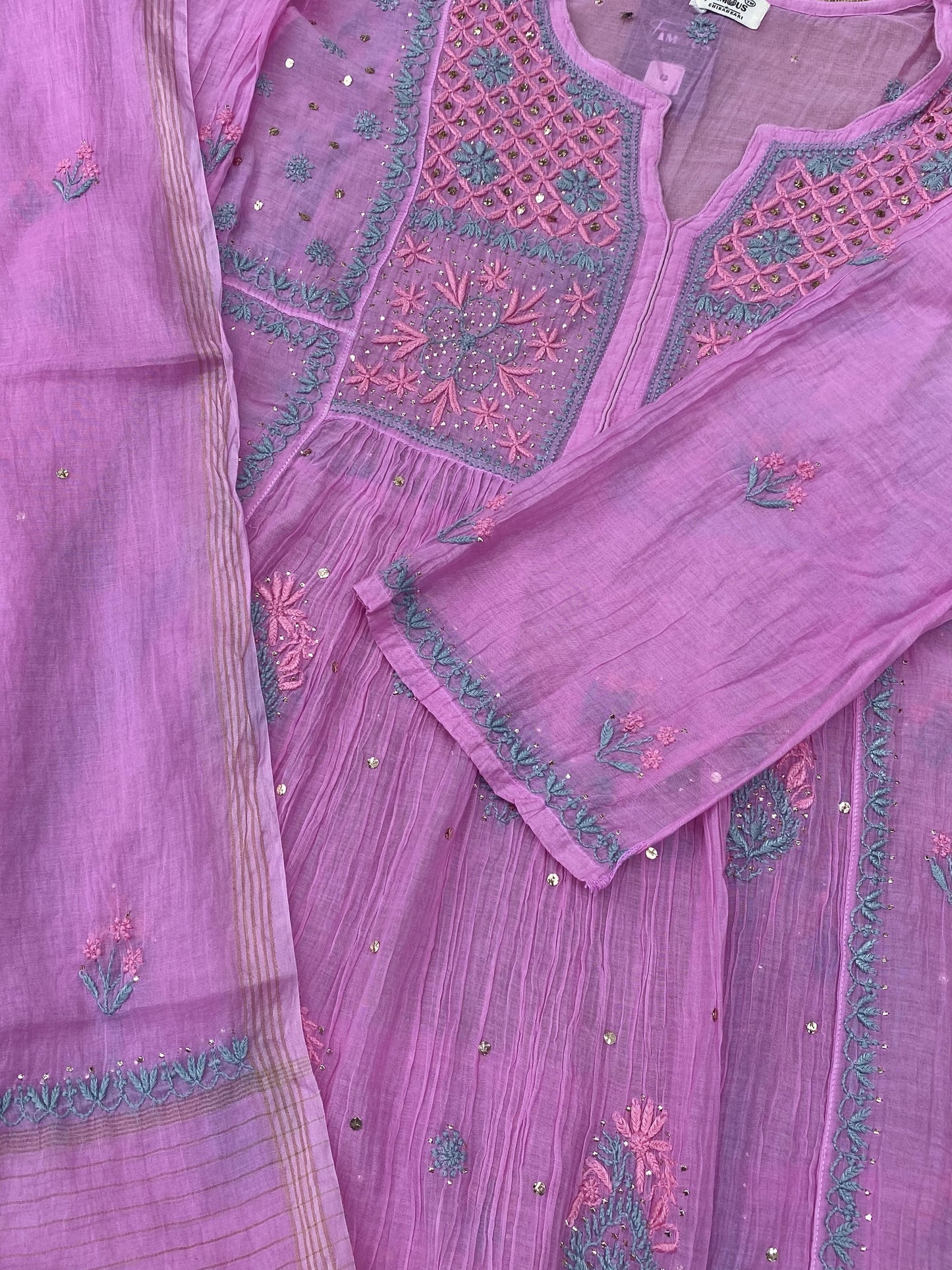 Zaraish Chikankari Semi-Stitched Mul Chanderi Gown With Dupatta - Orchid Pink