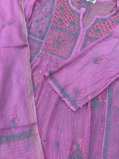 Zaraish Chikankari Semi-Stitched Mul Chanderi Gown With Dupatta - Orchid Pink