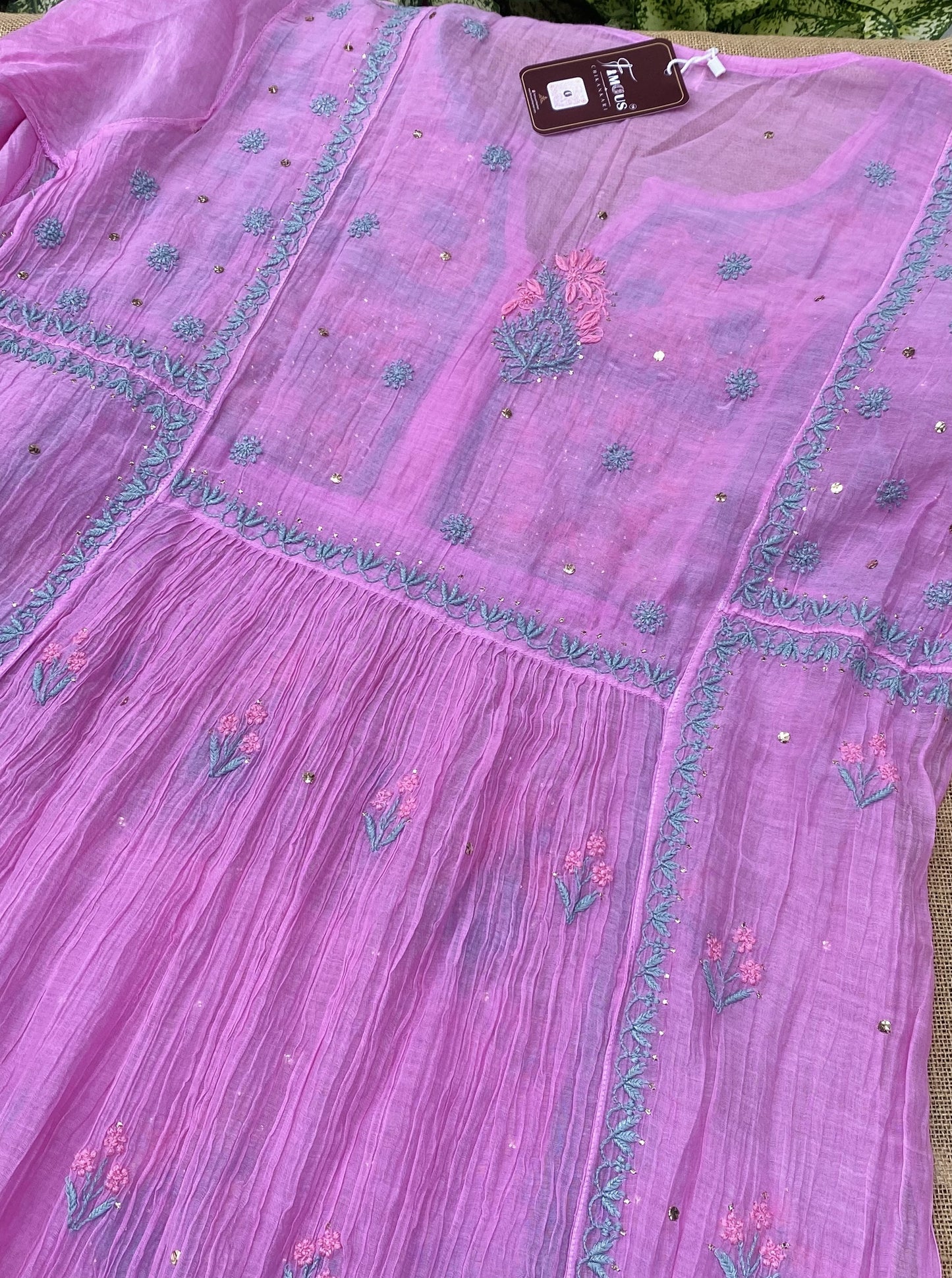 Zaraish Chikankari Semi-Stitched Mul Chanderi Gown With Dupatta - Orchid Pink