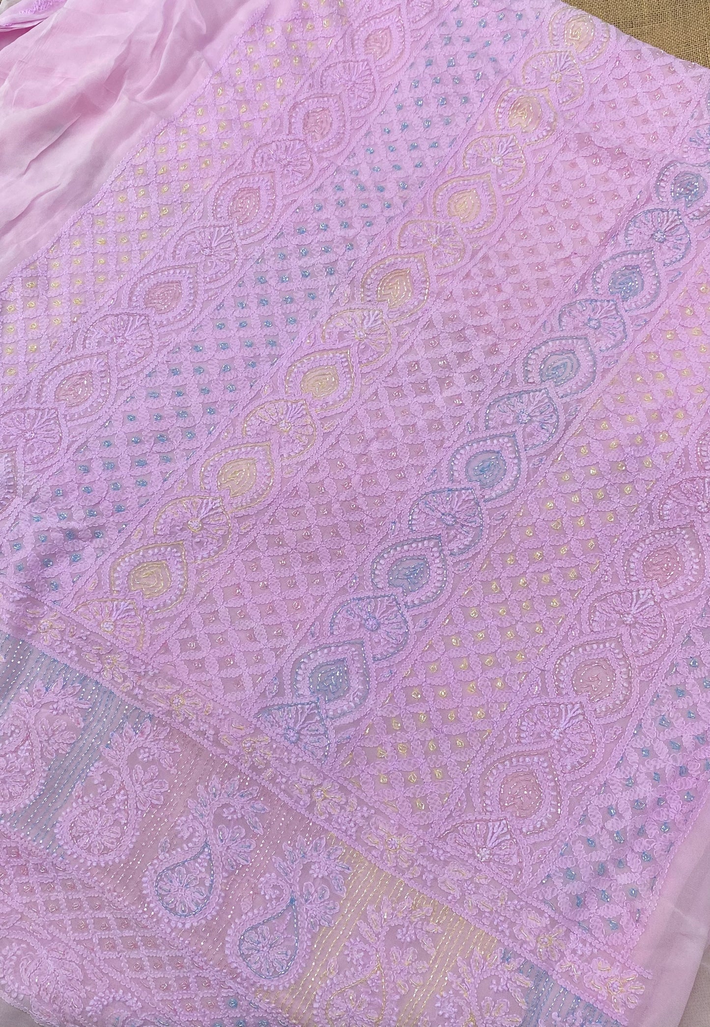 Rangrez Noor| Pink Chikankari Unstitched Suit with Multicolour Addons
