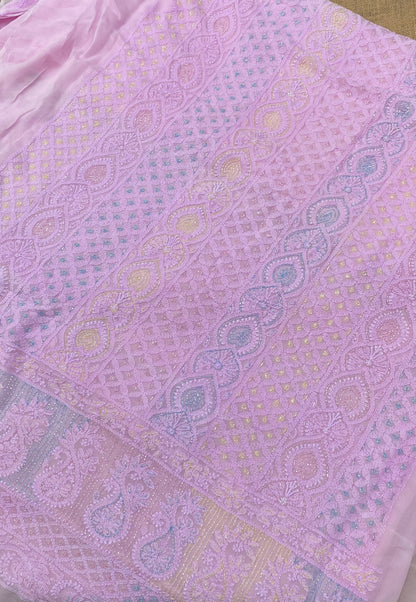 Rangrez Noor| Pink Chikankari Unstitched Suit with Multicolour Addons