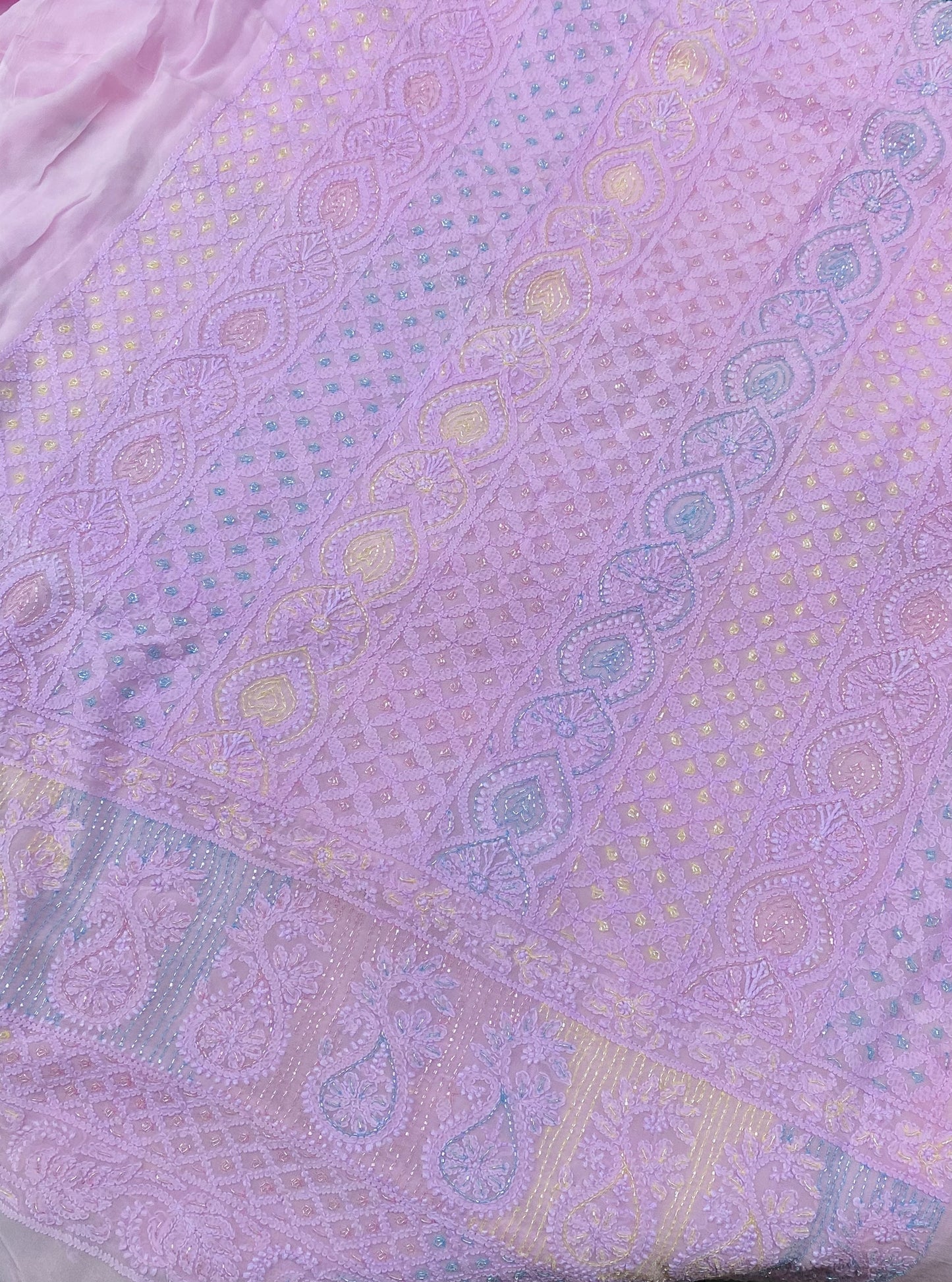 Rangrez Noor| Pink Chikankari Unstitched Suit with Multicolour Addons