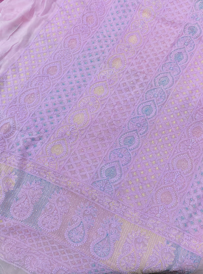 Rangrez Noor| Pink Chikankari Unstitched Suit with Multicolour Addons