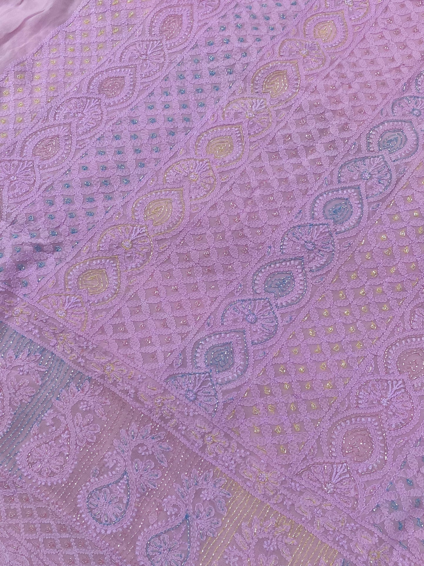 Rangrez Noor| Pink Chikankari Unstitched Suit with Multicolour Addons