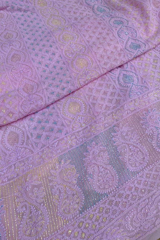 Rangrez Noor| Pink Chikankari Unstitched Suit with Multicolour Addons