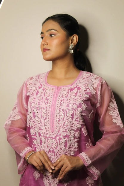 Lilac Chikankari Long Kurti in Organza - Famous Chikankari