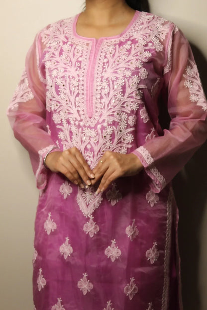 Lilac Chikankari Long Kurti in Organza - Famous Chikankari