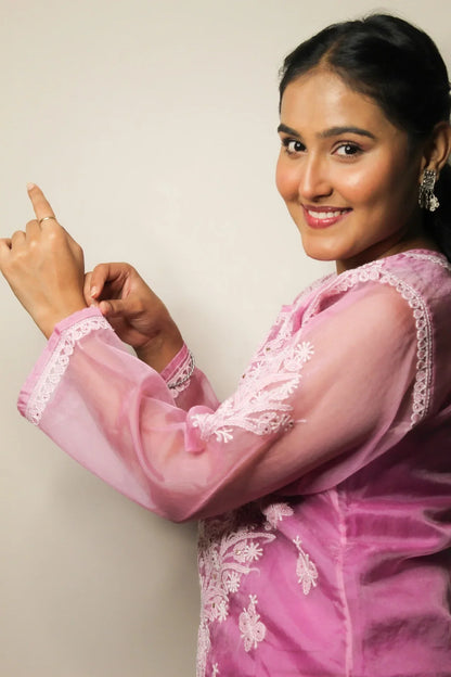 Lilac Chikankari Long Kurti in Organza - Famous Chikankari