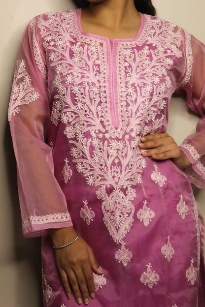 Lilac Chikankari Long Kurti in Organza - Famous Chikankari