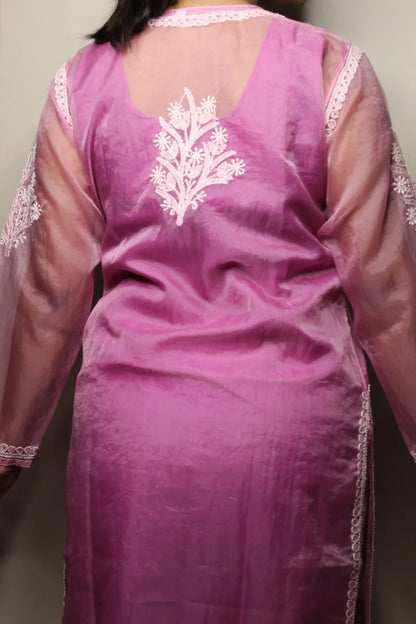 Lilac Chikankari Long Kurti in Organza - Famous Chikankari