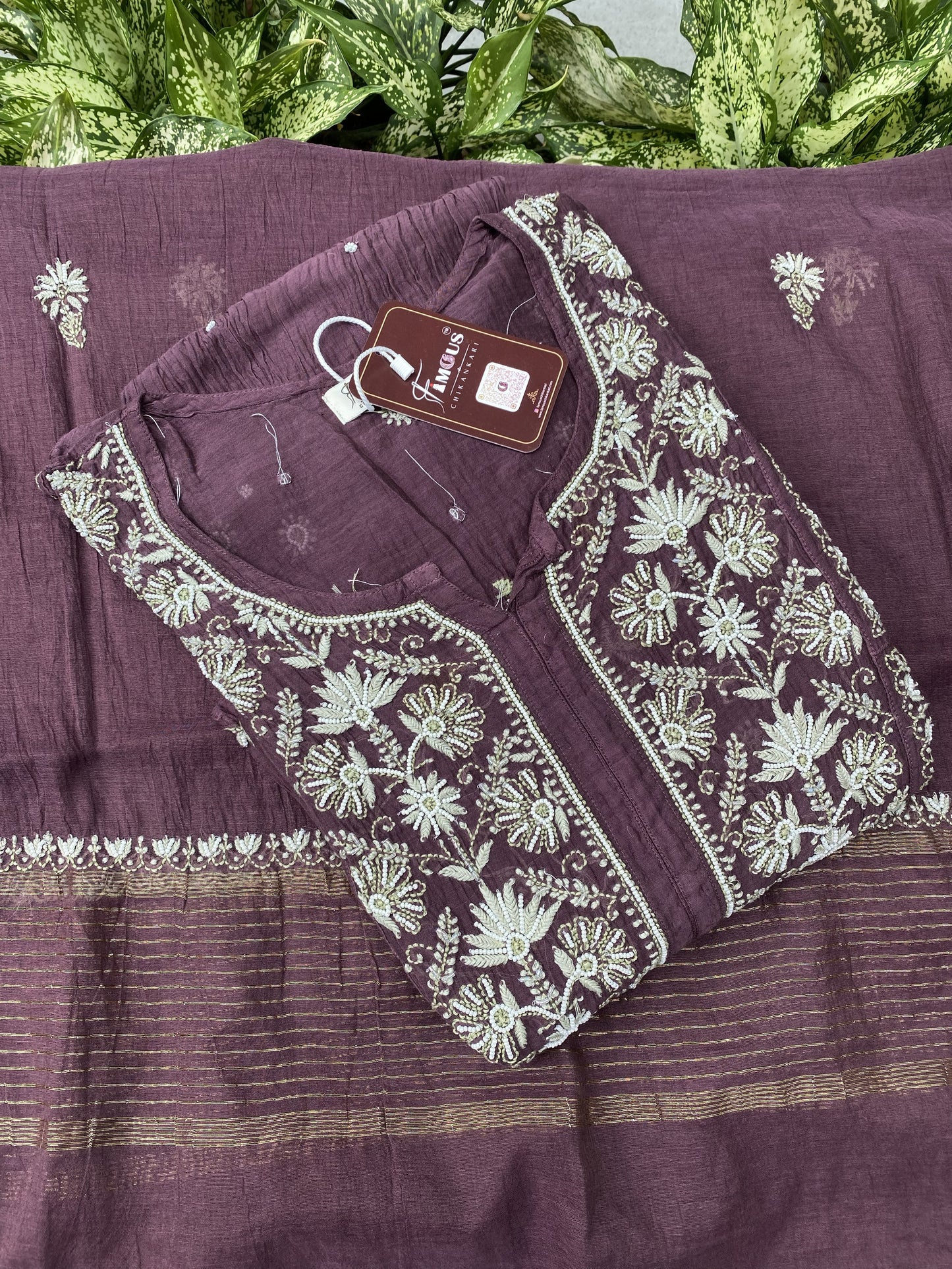 Rahat Wine Chikankari Semi-Stitched Gown With Dupatta